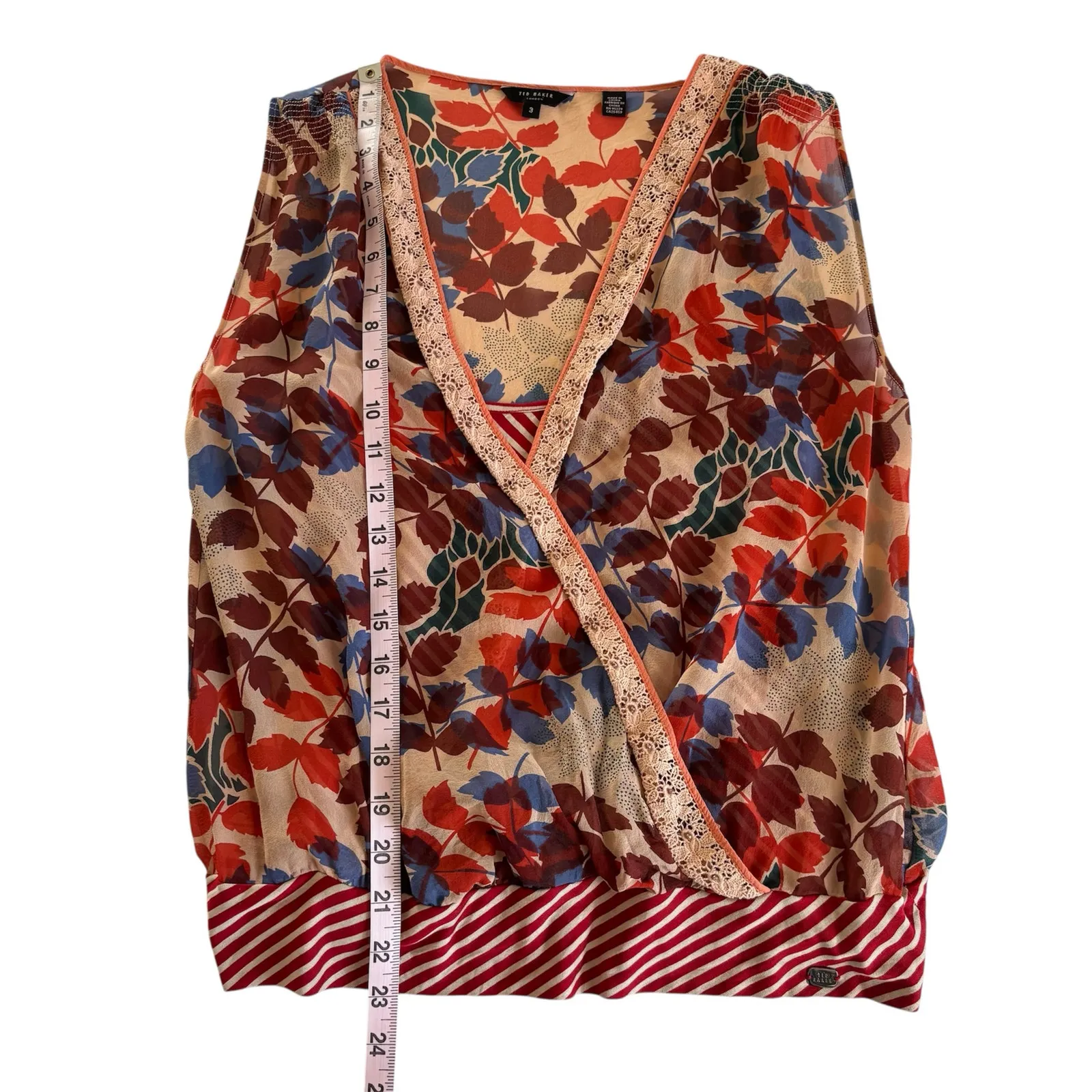 Ted Baker Layered 100% Silk Sleeveless
Floral and Striped Blouse Women’s Medium - Image 4