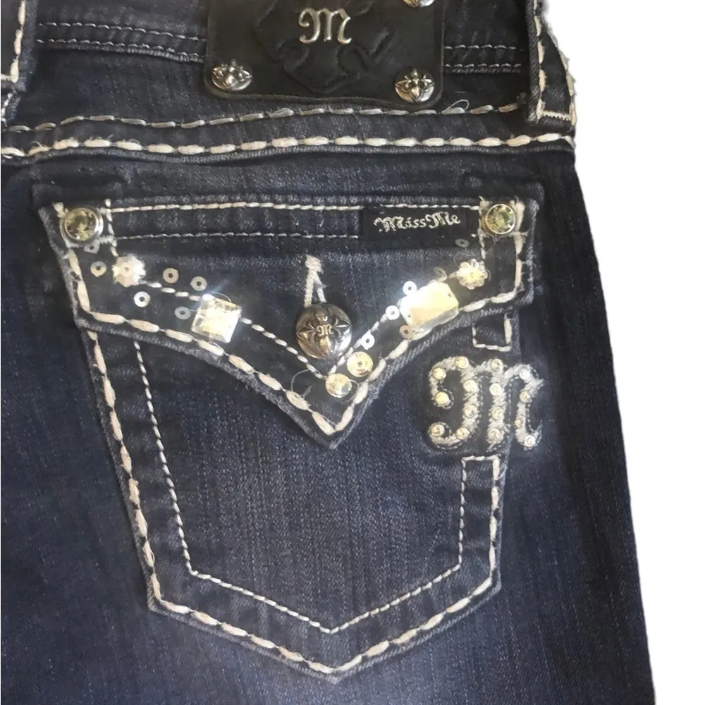 Miss Me Bling Jeans 27X32”Dark Denim Stretch Boot Cut Embellished Back Pockets - Image 3