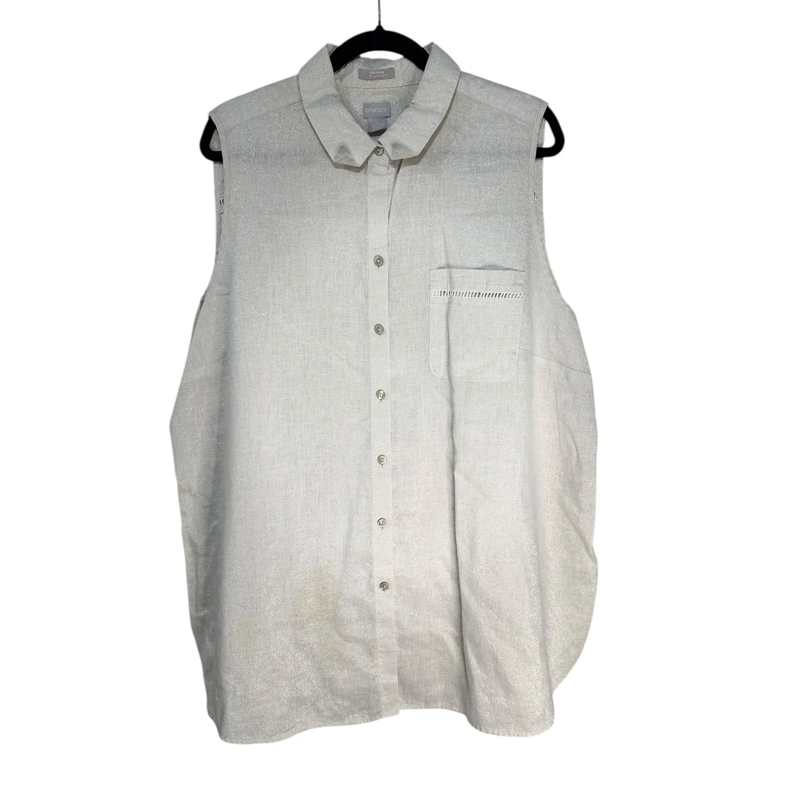 CHICOS Silver Metallic Linen Blend Sleeveless Collared Button Up Top 4 20 22 - Image 11