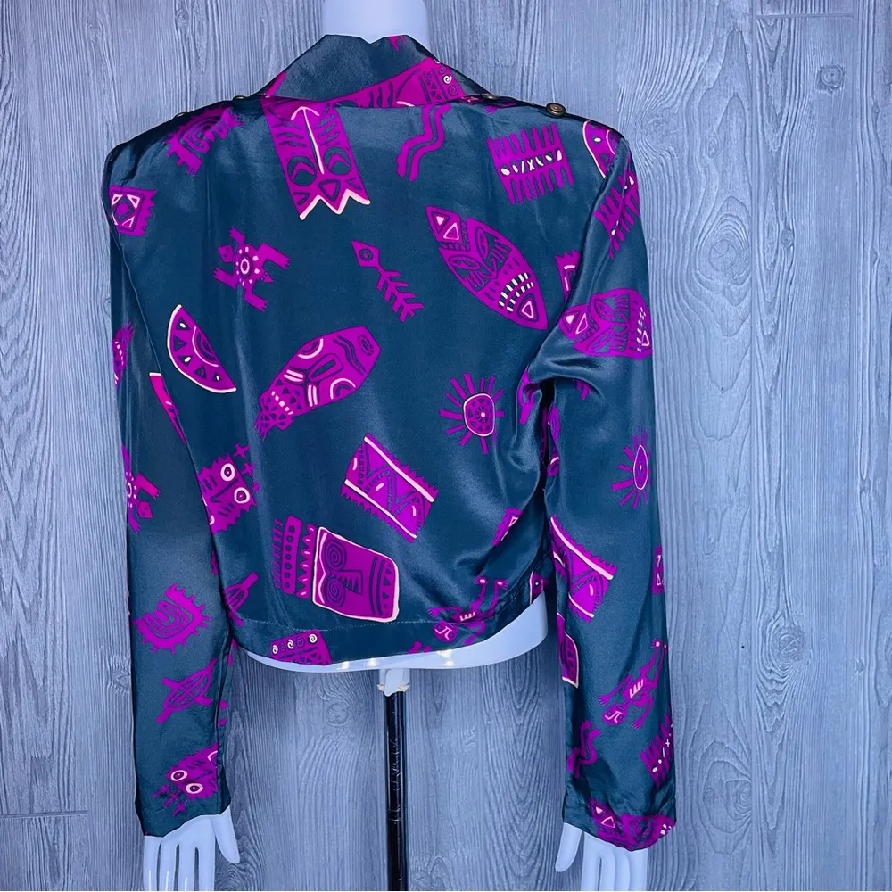Vintage Sue Wong 1990s silk tribal mask print blouse shirt long sleeve cropped m - Image 8