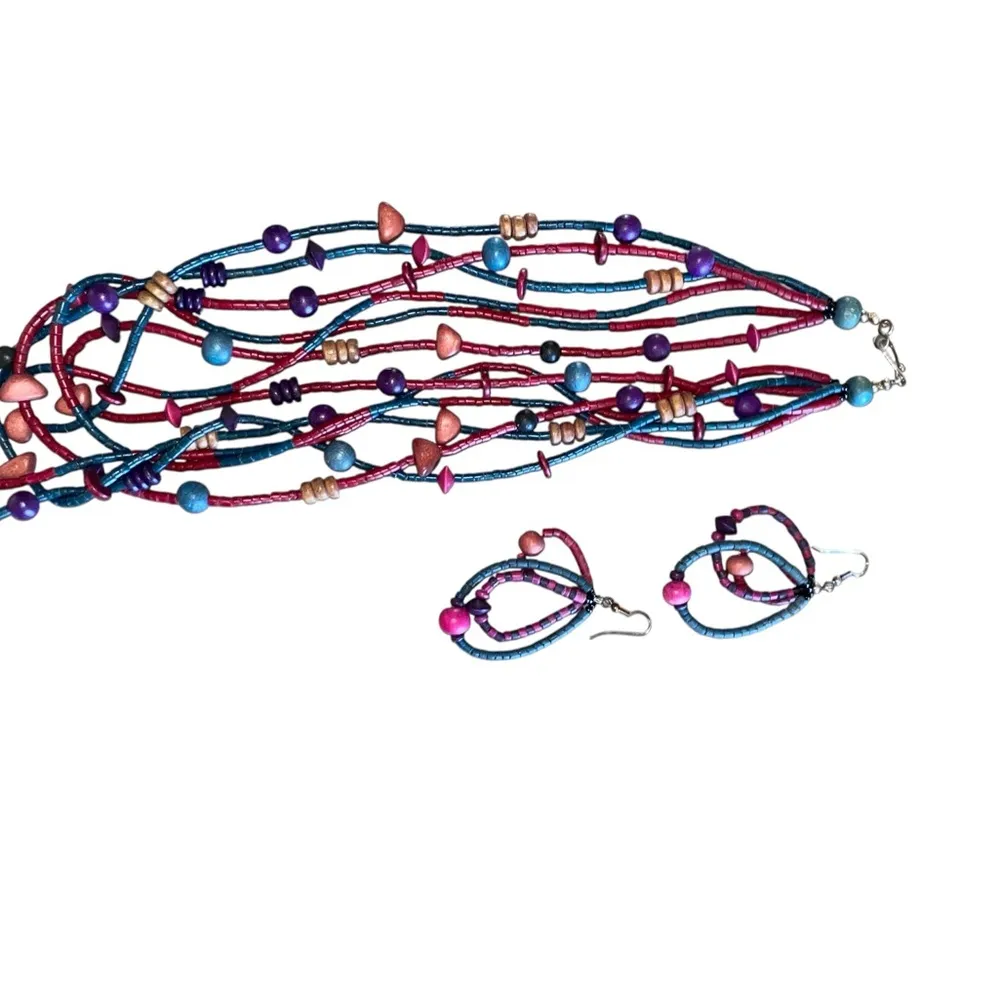 vintage 80s multi strand wood Beaded Necklace Earring Set teal magenta purple Red - Image 3