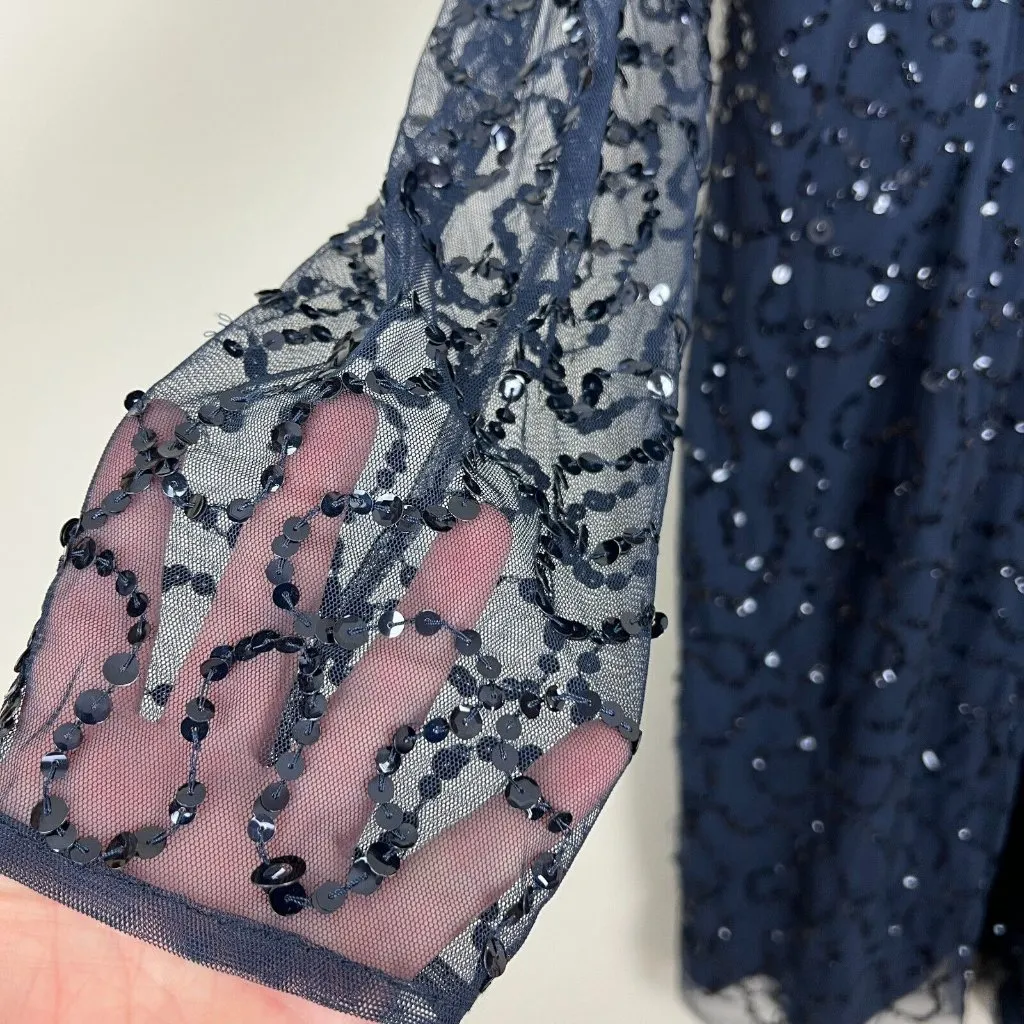 Papell Boutique Dress 16 Navy Blue Sequin Sheath Sheer Long Sleeve‎ Cocktail Zip - Image 5