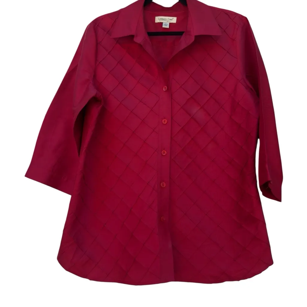 Coldwater Creek 100% Silk Red Diamond Pintuck Button Front Blouse Women’s L GUC - Image 4