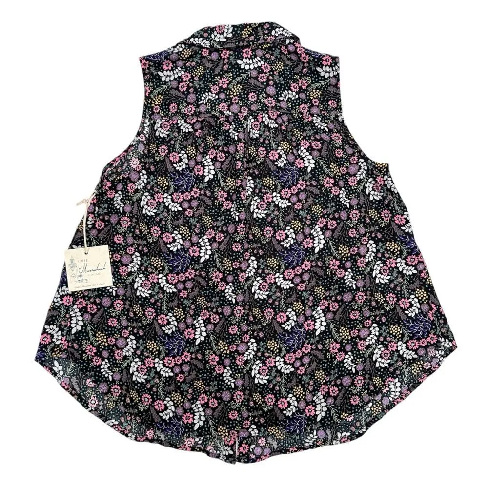 NWT Caffe Marrakech Size M Floral Print Button Front Sleeveless Collar Blouse Black Size M - Image 8
