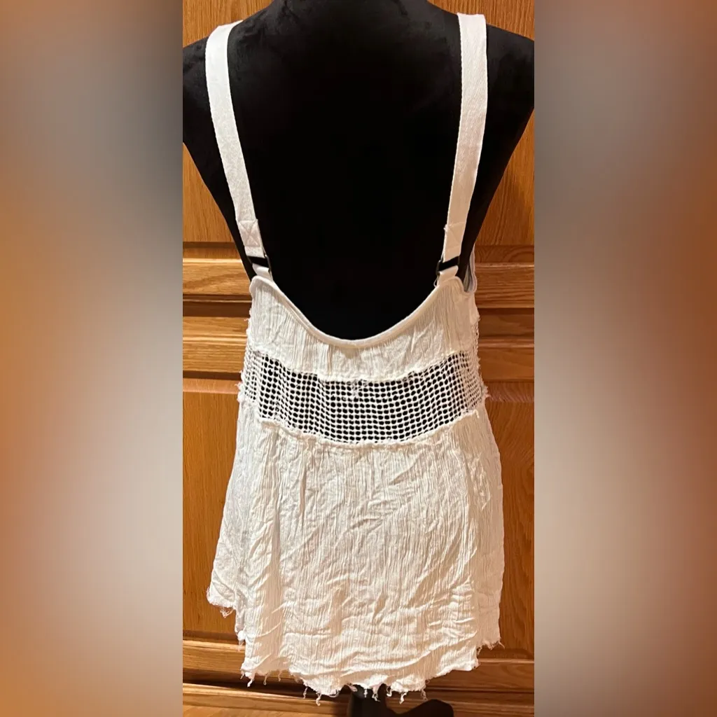 Free People Snap Out of It Raw Edge Crochet Mesh Inset Tank Top Mini Dress White - Image 6