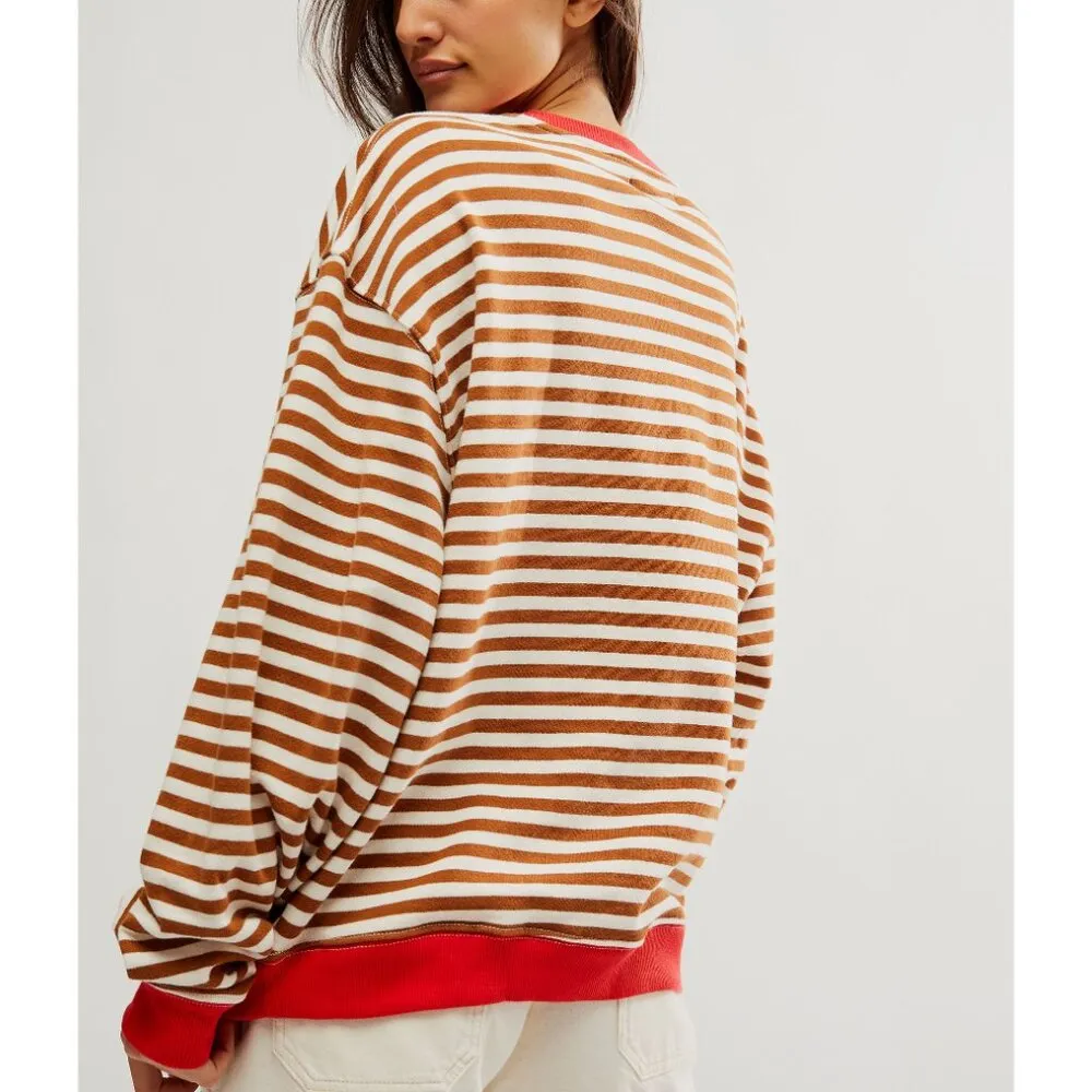 FREE PEOPLE Classic Striped Oversized Crewneck / Coffee Combo - Image 3