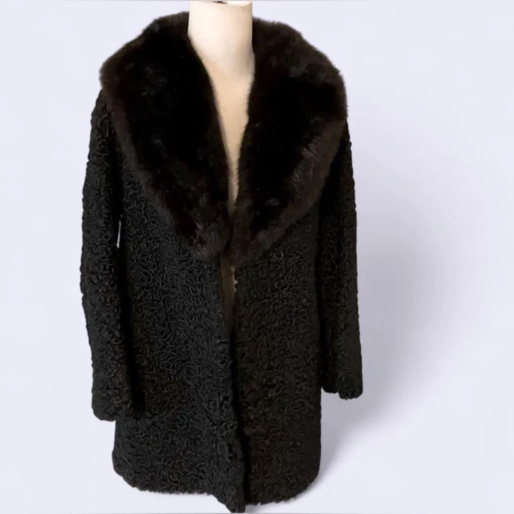 Vintage Mink Fur Collar Persian Lamb Coat Black Size M - Image 2