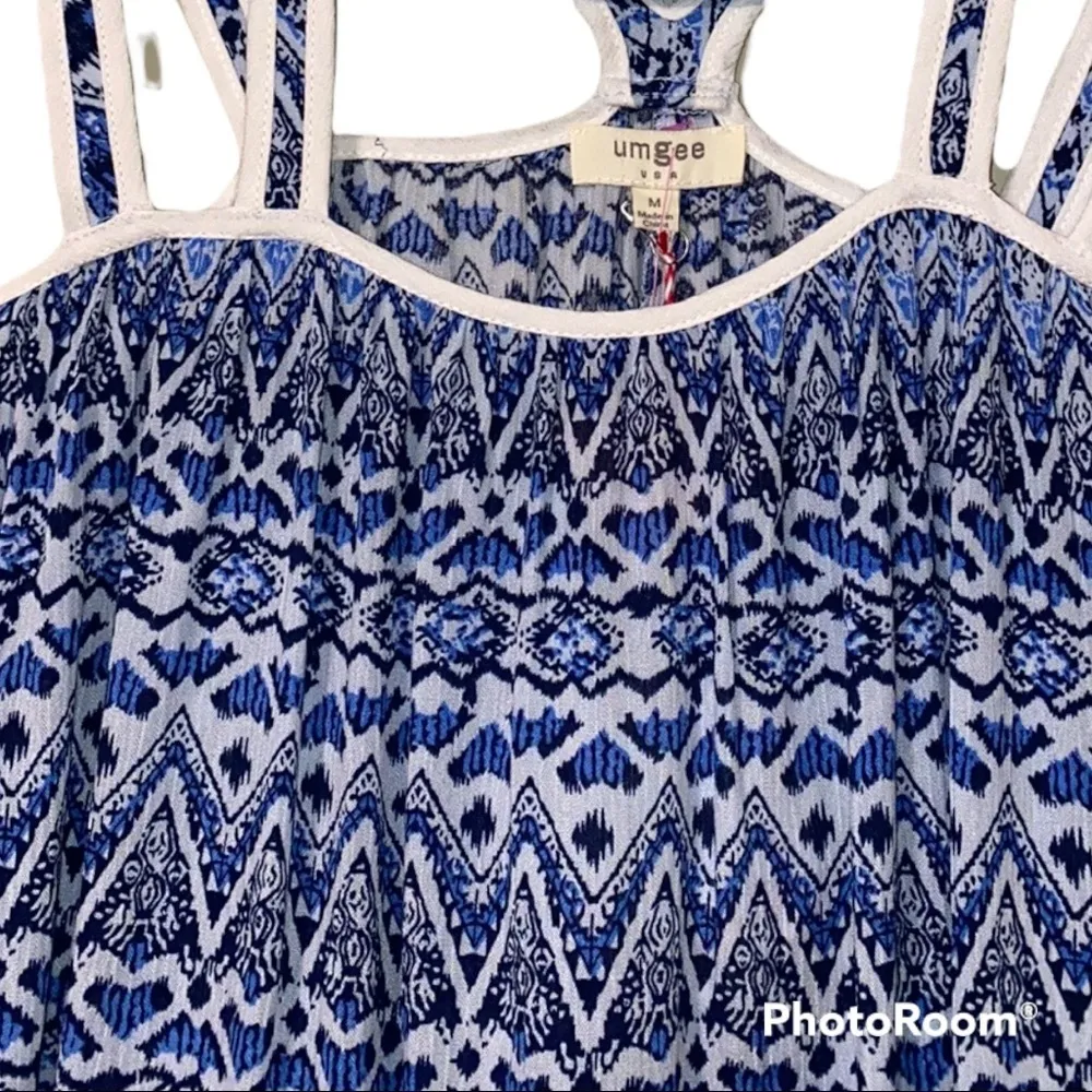 umgee medium women’s blue white lined geometric print double strap halter tank - Image 2