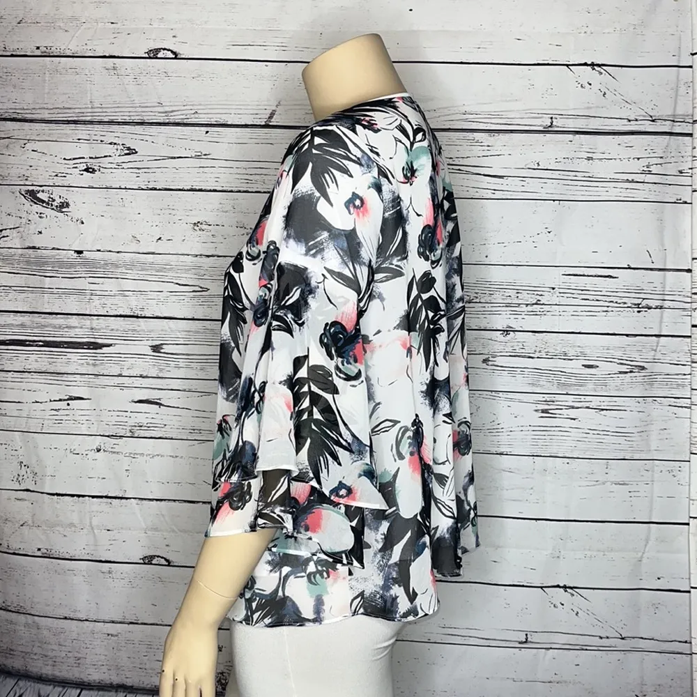 Lane Bryant Size 14/16 Floral Print Tiered Ruffle Sleeve Chiffon Blouse Top - Image 3