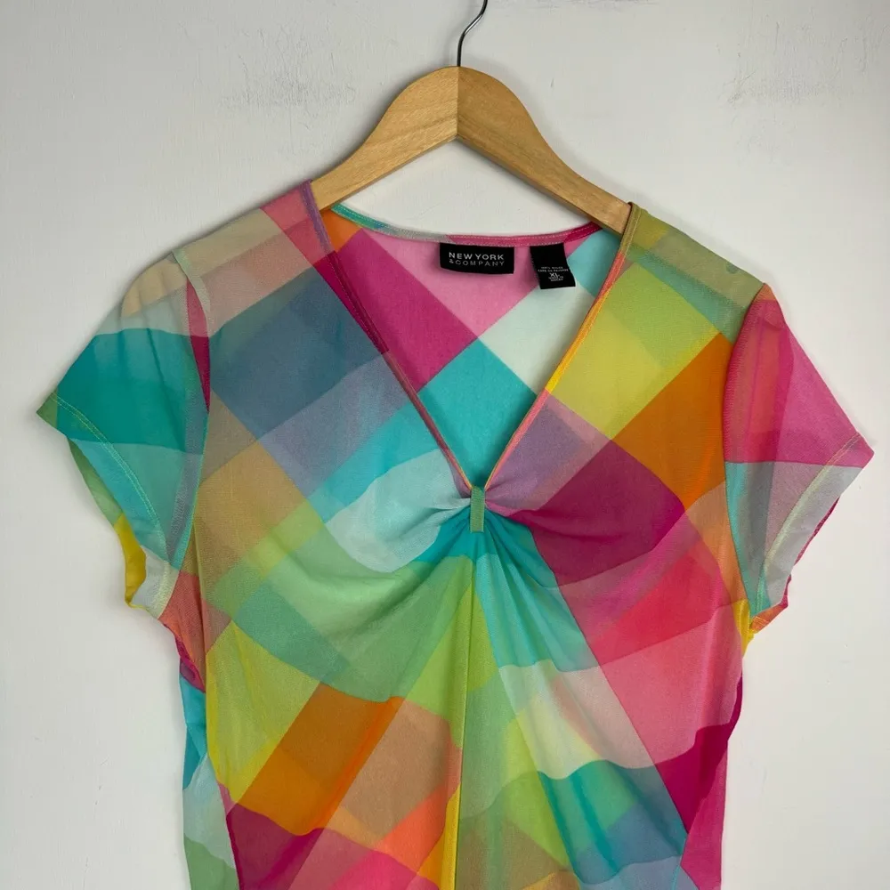 Y2K Rainbow Sheer Mesh Printed Top Sz XL Pink - Image 3
