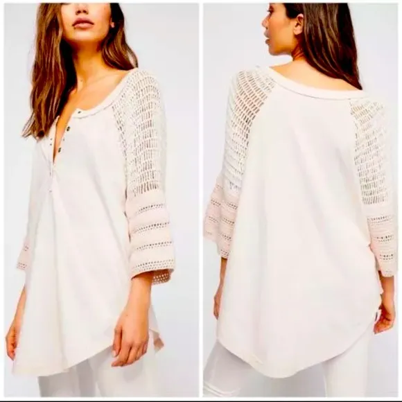 $108 Free People Tranquility Tee Pink / cream Large crochet boho distressed top - Image 2