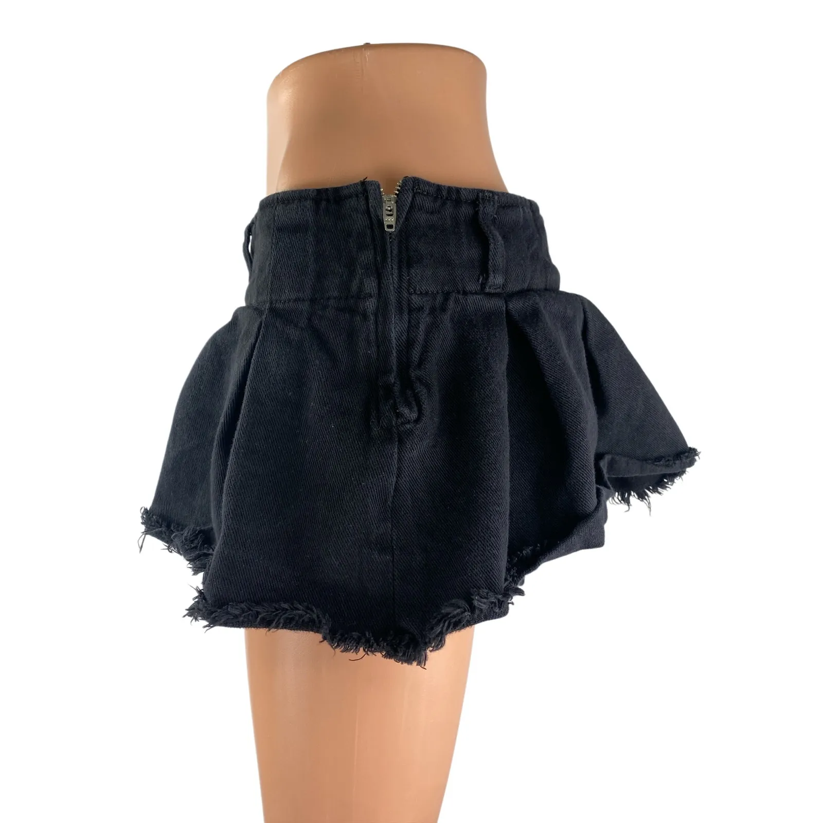 Edikted Black Denim Pleated Raw Frayed Hem Micro Mini Flare A-Line Skirt Size M - Image 4