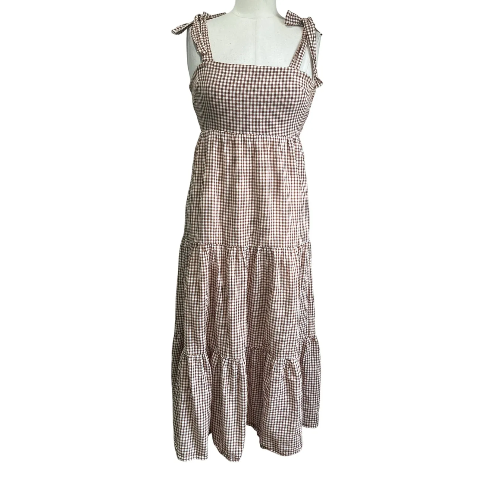 Crescent Cotton Gingham Tiered Midi Dress Tie Straps Cottagecore Sz Small - Image 2