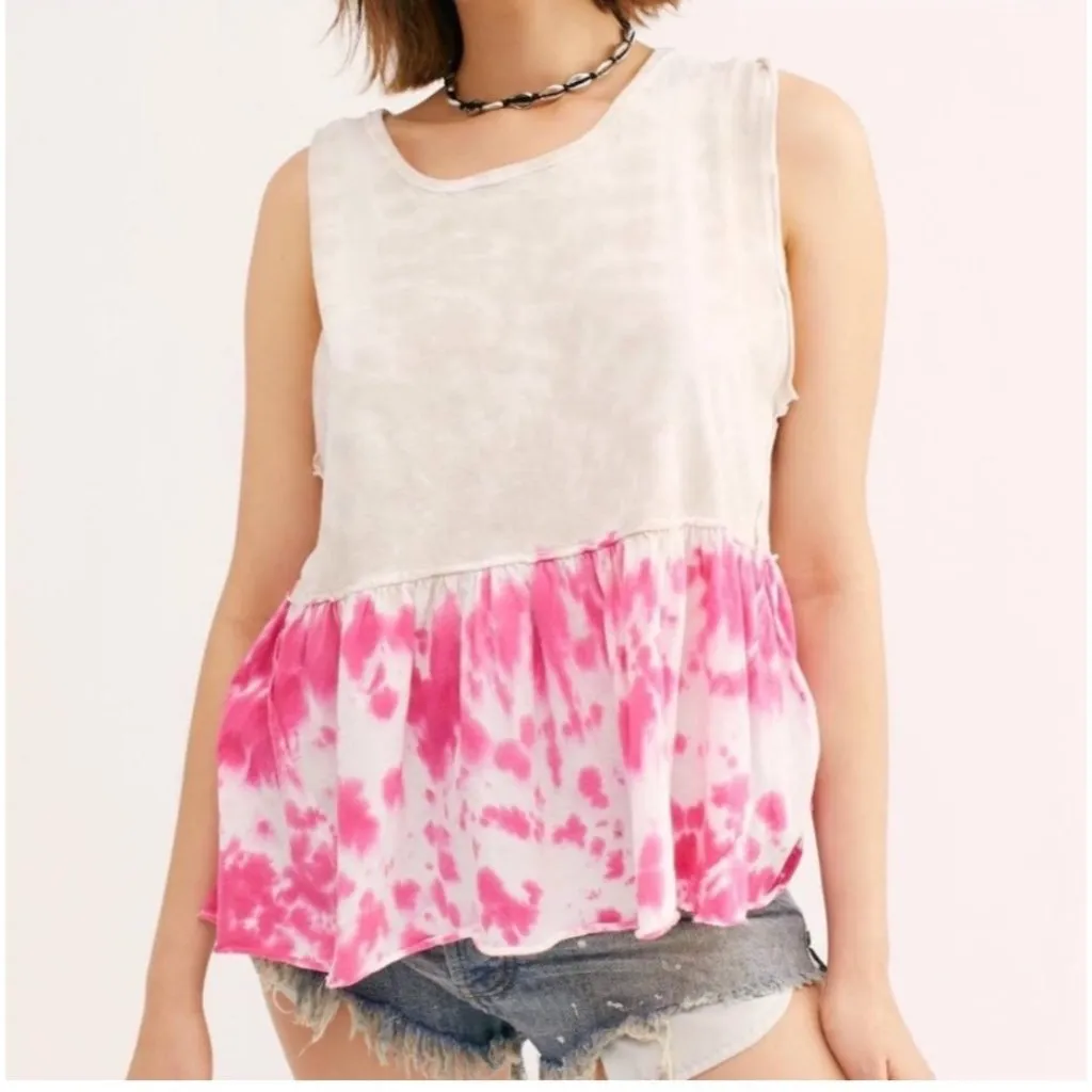 Free People Tie Dye Anytime Tank‎ in Pink Women's Size Large Peplum 100% Cotton - Image 2