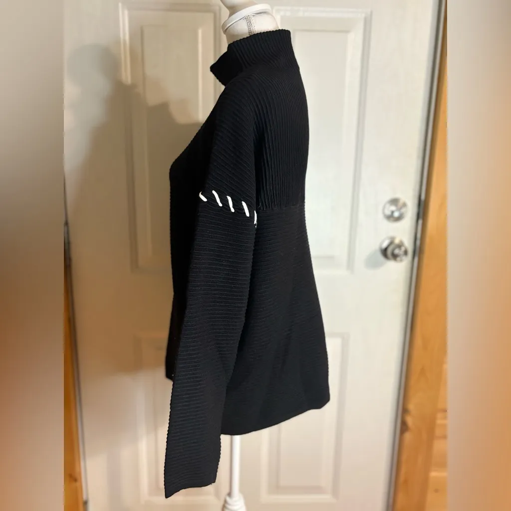 Tahari Black Turtleneck Whipstitched Sweater with White Stitching size M NWT - Image 4