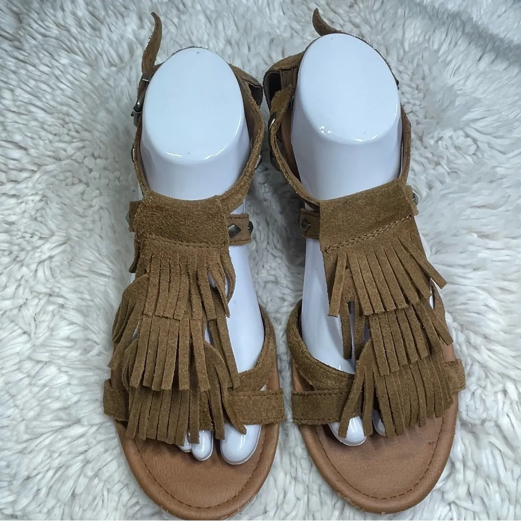 Minnetonka Merriam Suede‎ Leather Fringe Sandals Tan Brown Low Wedge Women’s 9 - Image 8