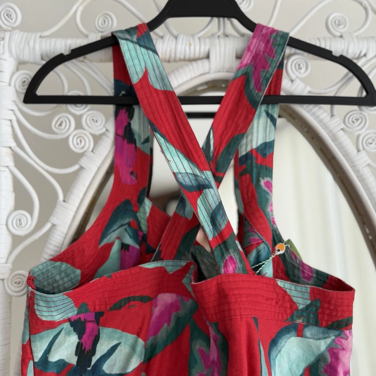 Farm Rio Dress XL Red Floral 100% Linen Tropical Summer Foliage Mini Resort - Image 8