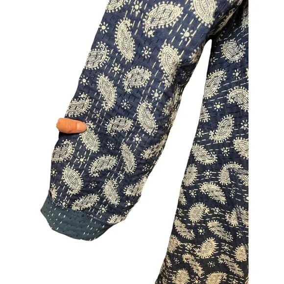 Overcoat Women Medium‎ Patchwork Blue Paisley Mother of Pearl Bohemian Cottage - Image 3