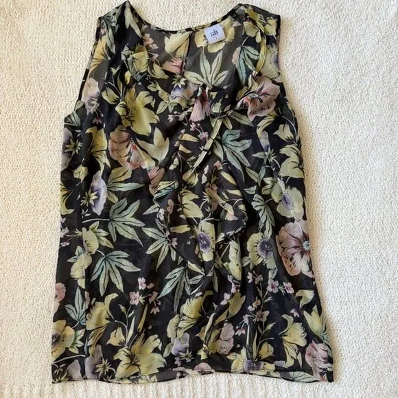 Cabi Osaka Dark Floral Top #3265 Size L Sheer Ruffle Sleeveless Blouse - Image 4