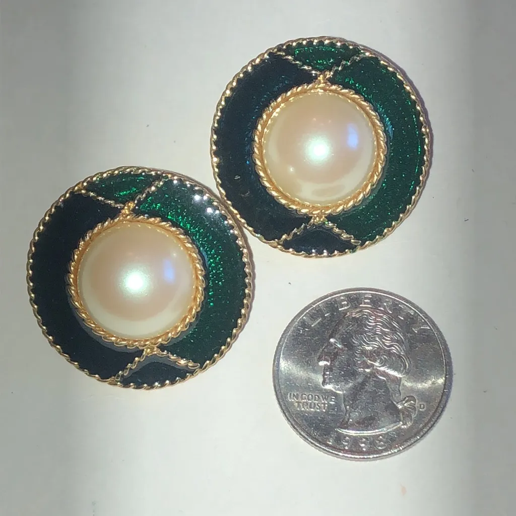 Angel Brand Elegant Green Blue Enamel Gold Tone Faux Pearl Earrings - Image 3