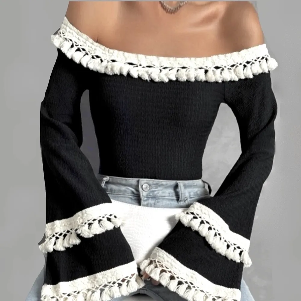 Off the Shoulder Flounce Style Sleeved Sweater Black Size M - Image 3