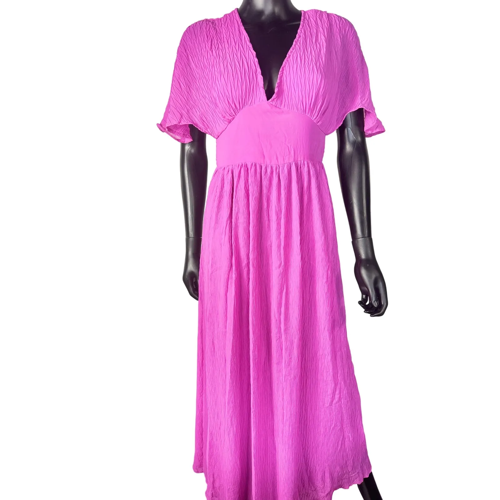 Japna Pink Crinkle Flutter‎ Sleeve Maxi Dress V-Neck Flowy Bohemian Summer - Image 3