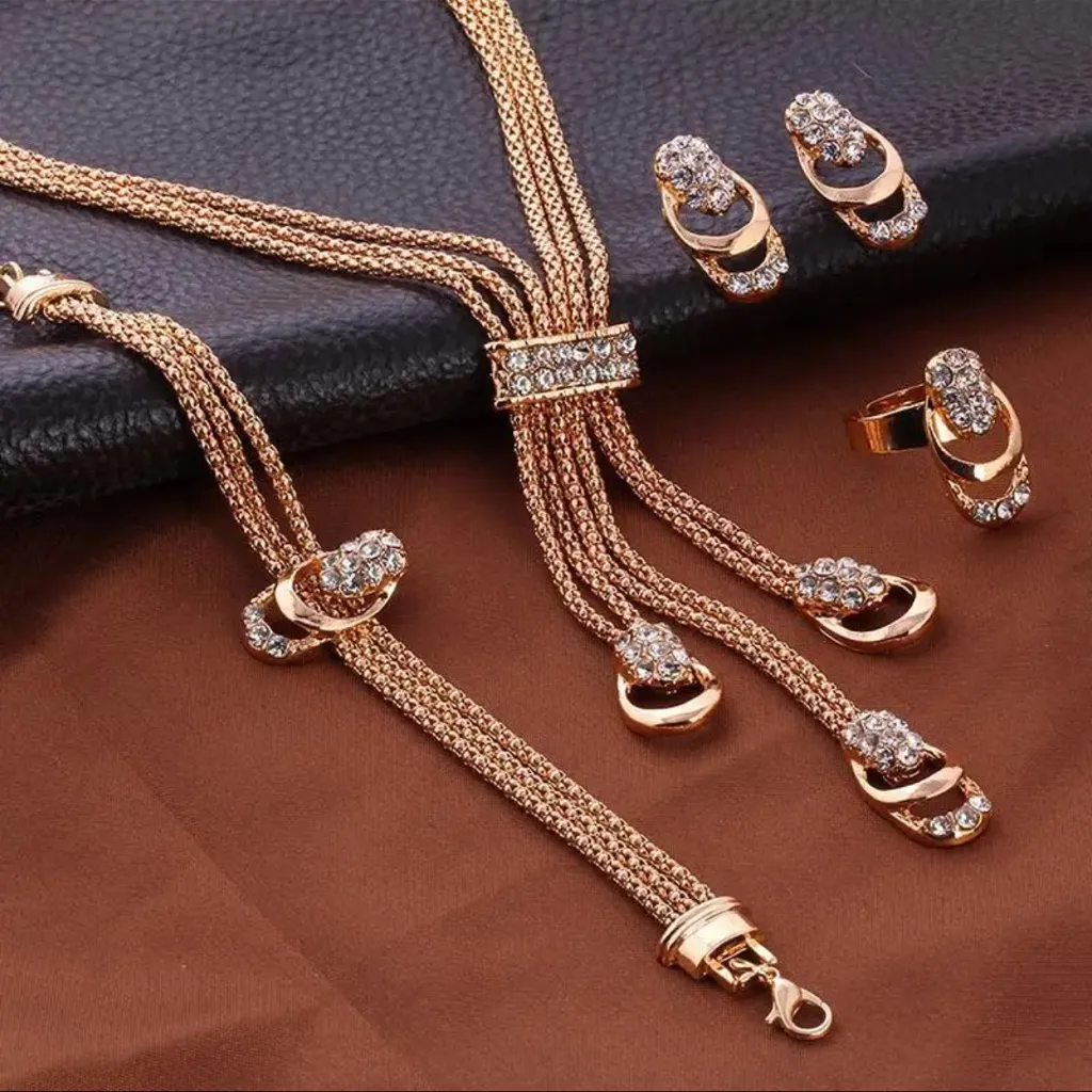 4Pcs Jewelry Set Rings Necklace Earrings Bracelet High Performance Golden Diamon Gold - Image 5