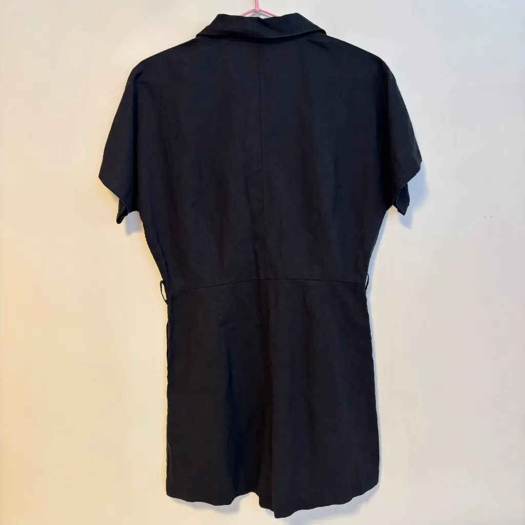 Uniqlo Linen Blend Collared Short Sleeve Mini Romper Belt Loops Black Womens XS - Image 4
