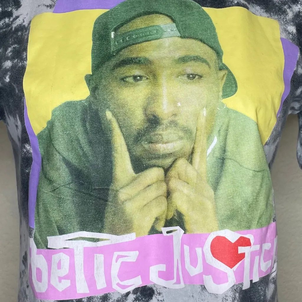 Tupac Poetic Justice Cotton Black Grey Tie Dye Cropped Shirt Sz Med - Image 4