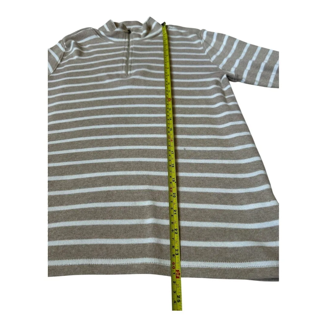 L.L Bean y2k Med beige and white striped quarter zip pull over mock neck sweater Tan - Image 9