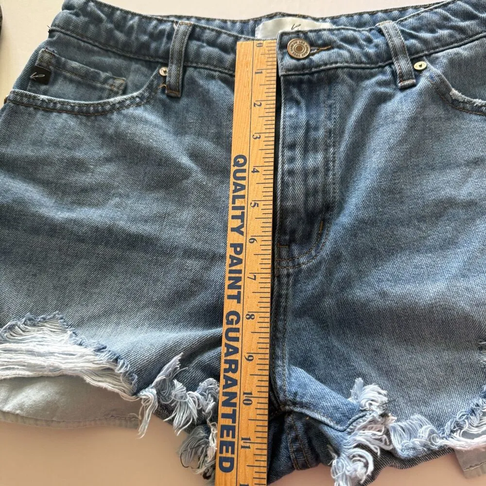 Kancan High Rise Medium Wash Frayed Hem Distressed Denim Shorts Zip Fly Sz 7/27 Blue - Image 7