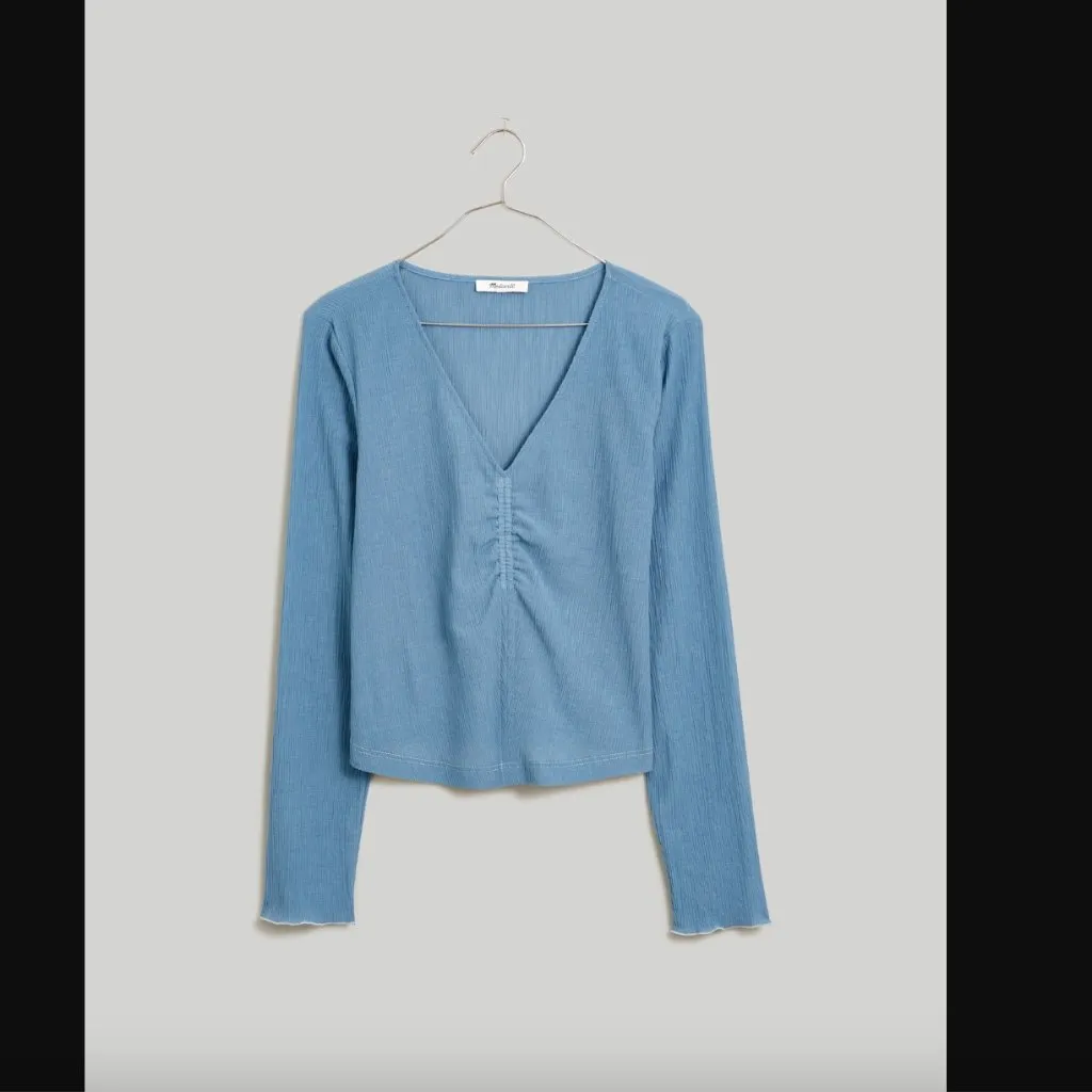 Madewell Tranquil Lake Blue Semi-Sheer Shirred V-Neck Top S - Image 5