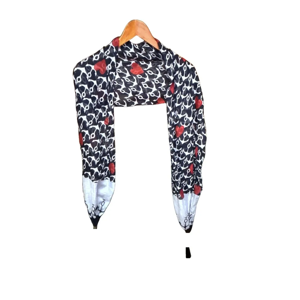 Black and White Anchor Print Scarf with Red Roses and Tassels - Image 2