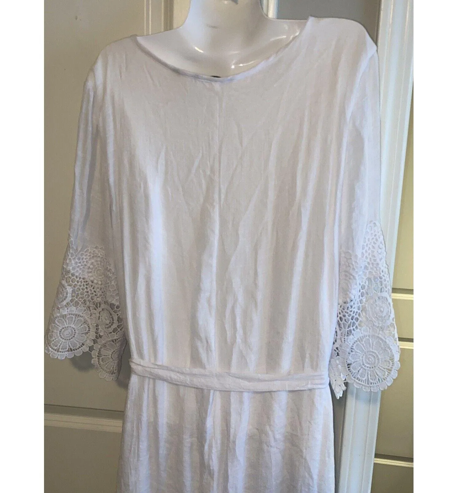 MLLE GABRIELLE Women’s Midi White Gauze Lined Dress Crochet Bell Sleeves Size 2X - Image 8