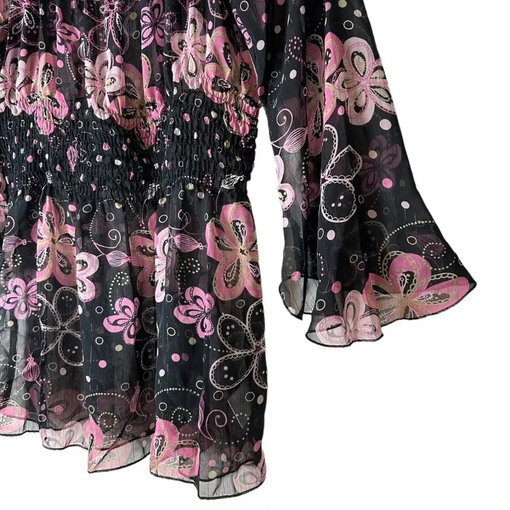 Vintage 90s Y2K Babydoll Top Flare Sleeve Pink Floral Fairy Boho Hippie Large - Image 4