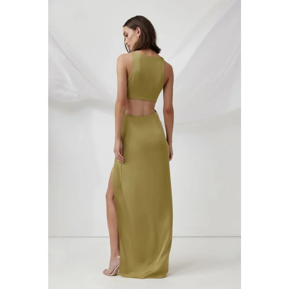 Lexi Clothing Marigold Maxi Dress Size 8 Green Satin Wrap Cut Out Back Gown - Image 14