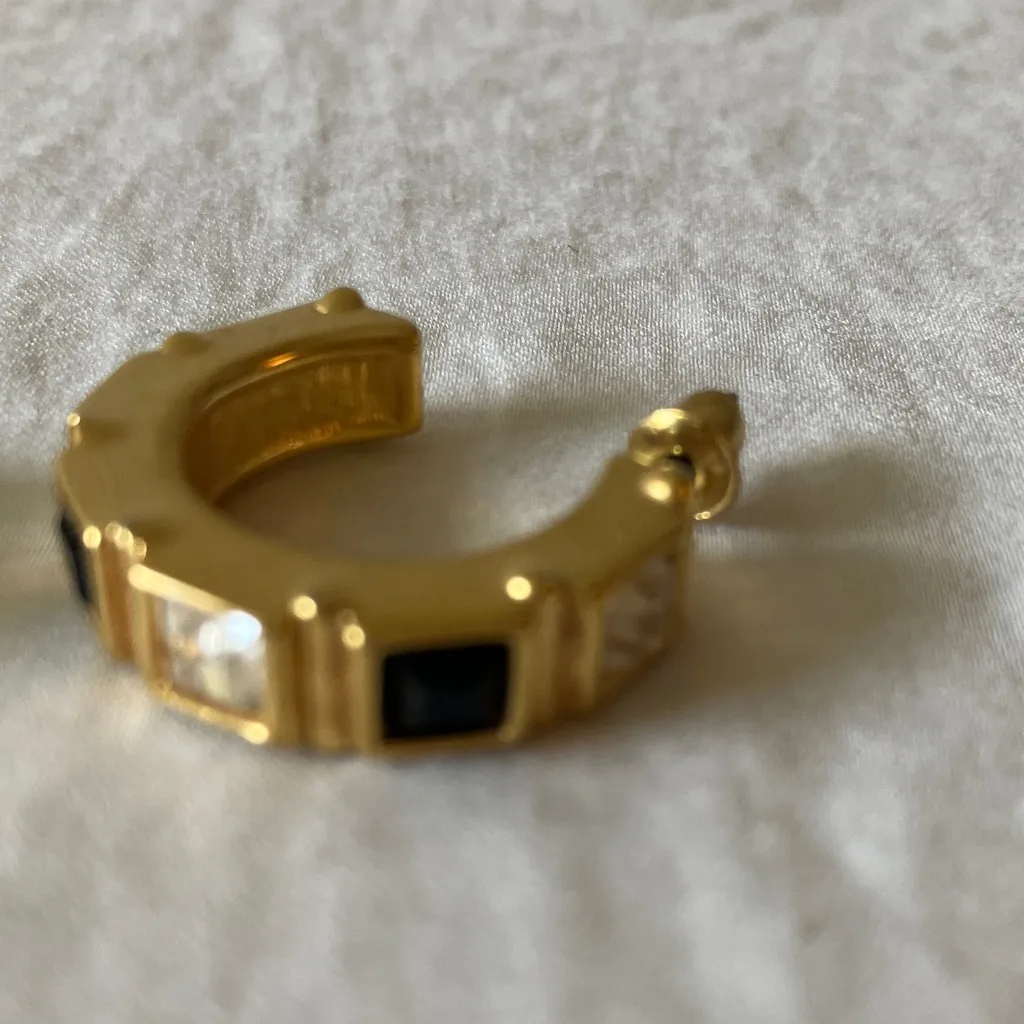 Swarovski: Clear & Black Swarovski Crystal Gold Tone Hoop Earrings - Image 5