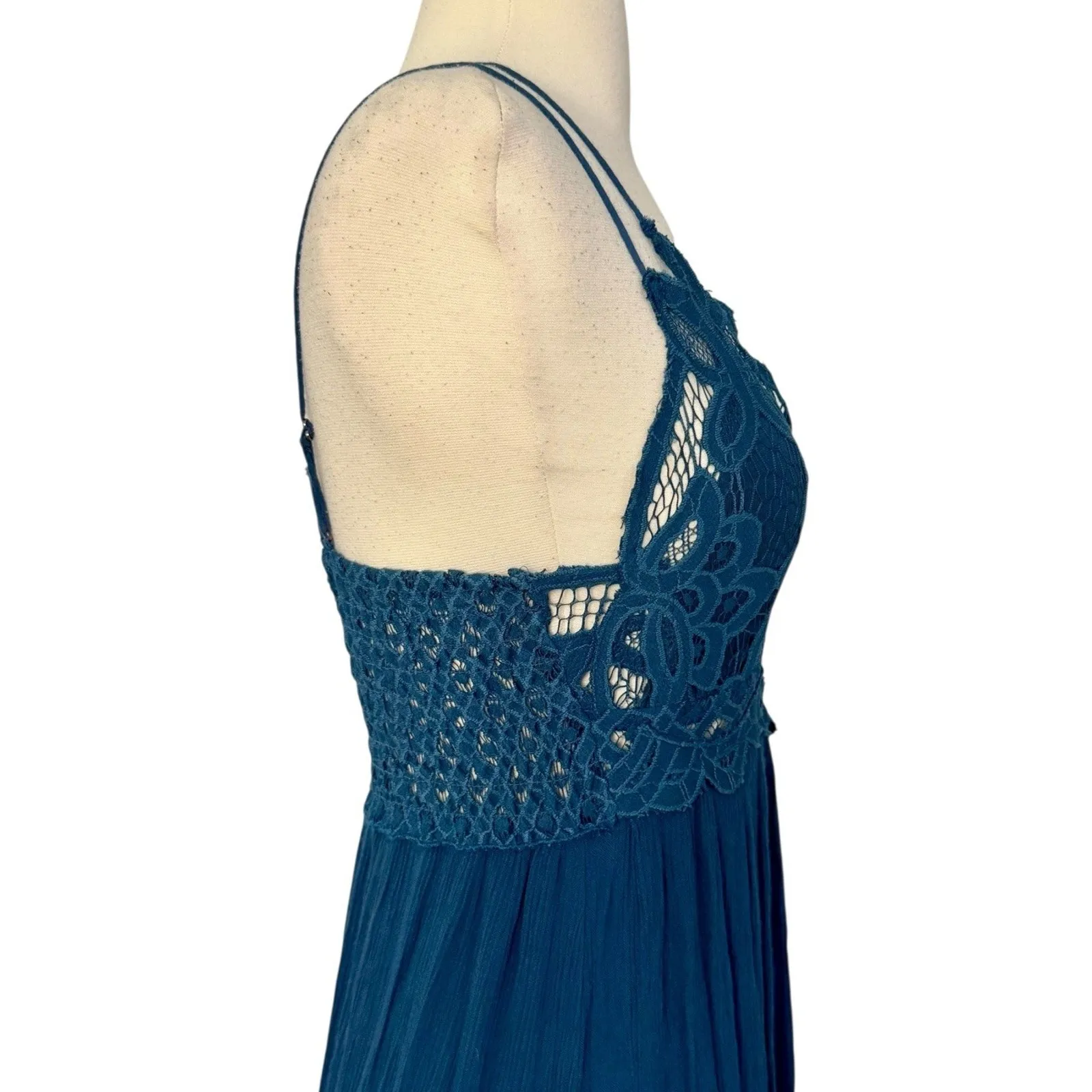 FREE PEOPLE Adella Maxi Slip Dress Teal Blue Lace Boho Chic Crochet Ruffled XS - Image 9