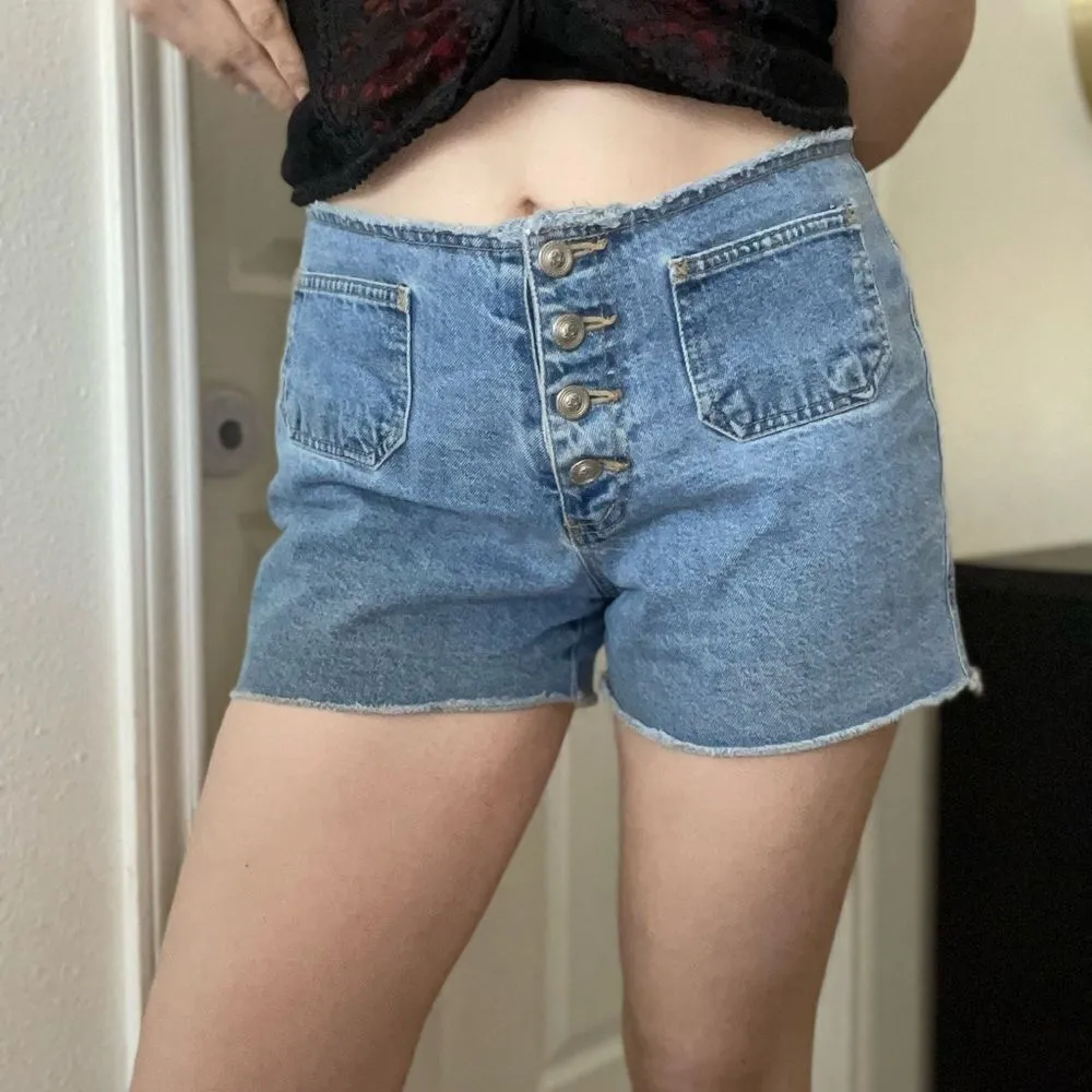 Vintage Y2K Boho Button Fly Denim Shorts Thin Waist Midrise Pockets Raw Hem Sz 6 Blue - Image 5