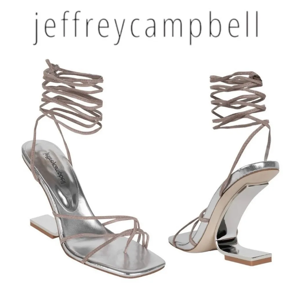 New! Jeffrey Campbell Bijoux Ankle Tie Wedge Sandal Taupe Suede Silver Sz 7 $170 - Image 2