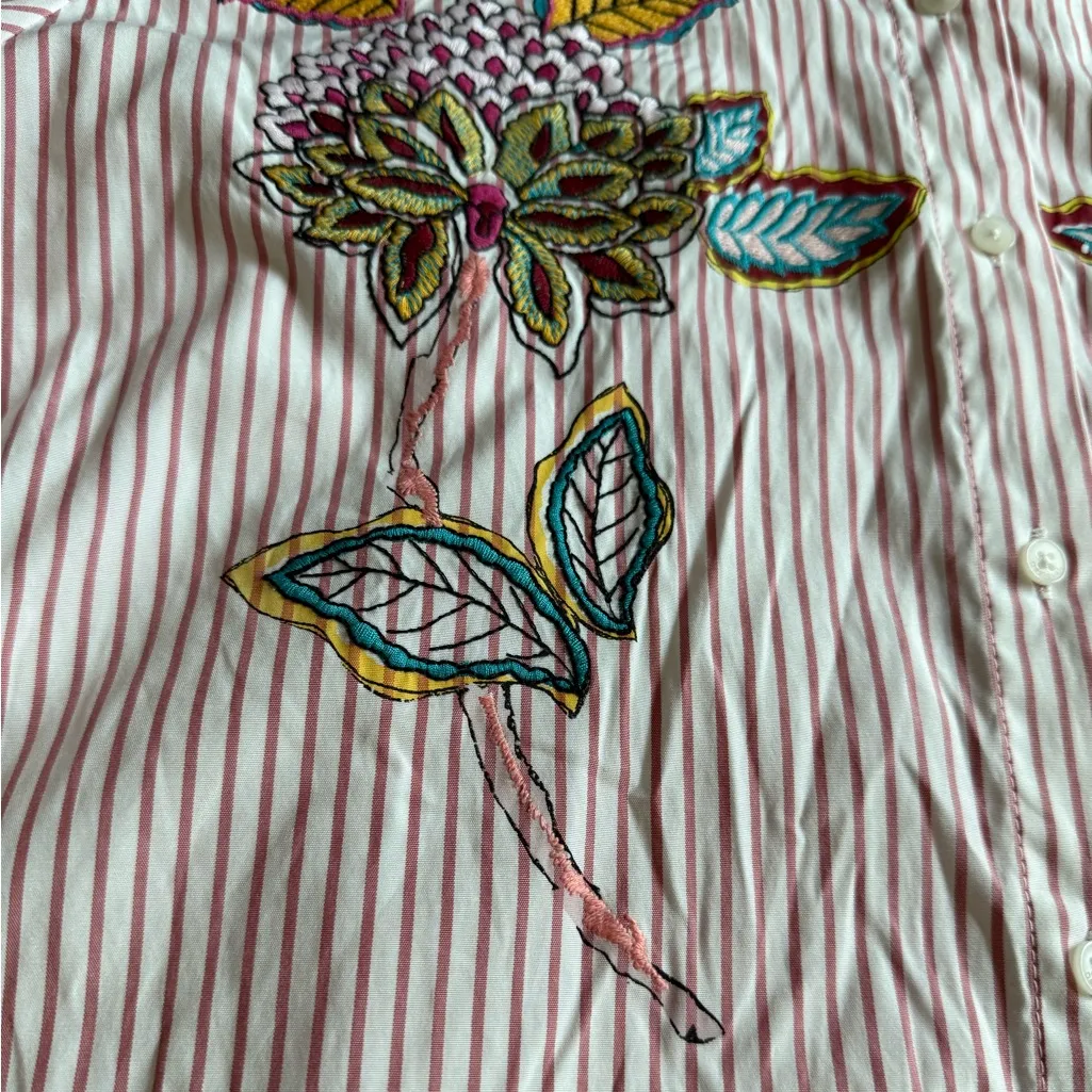 Desigual Embroidered Striped Button Down Mandarin Collar Top | Pink Stripe | M - Image 6