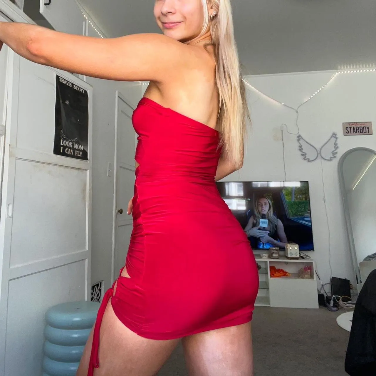 red cut out strapless halter tie mini bodycon dress - Image 7