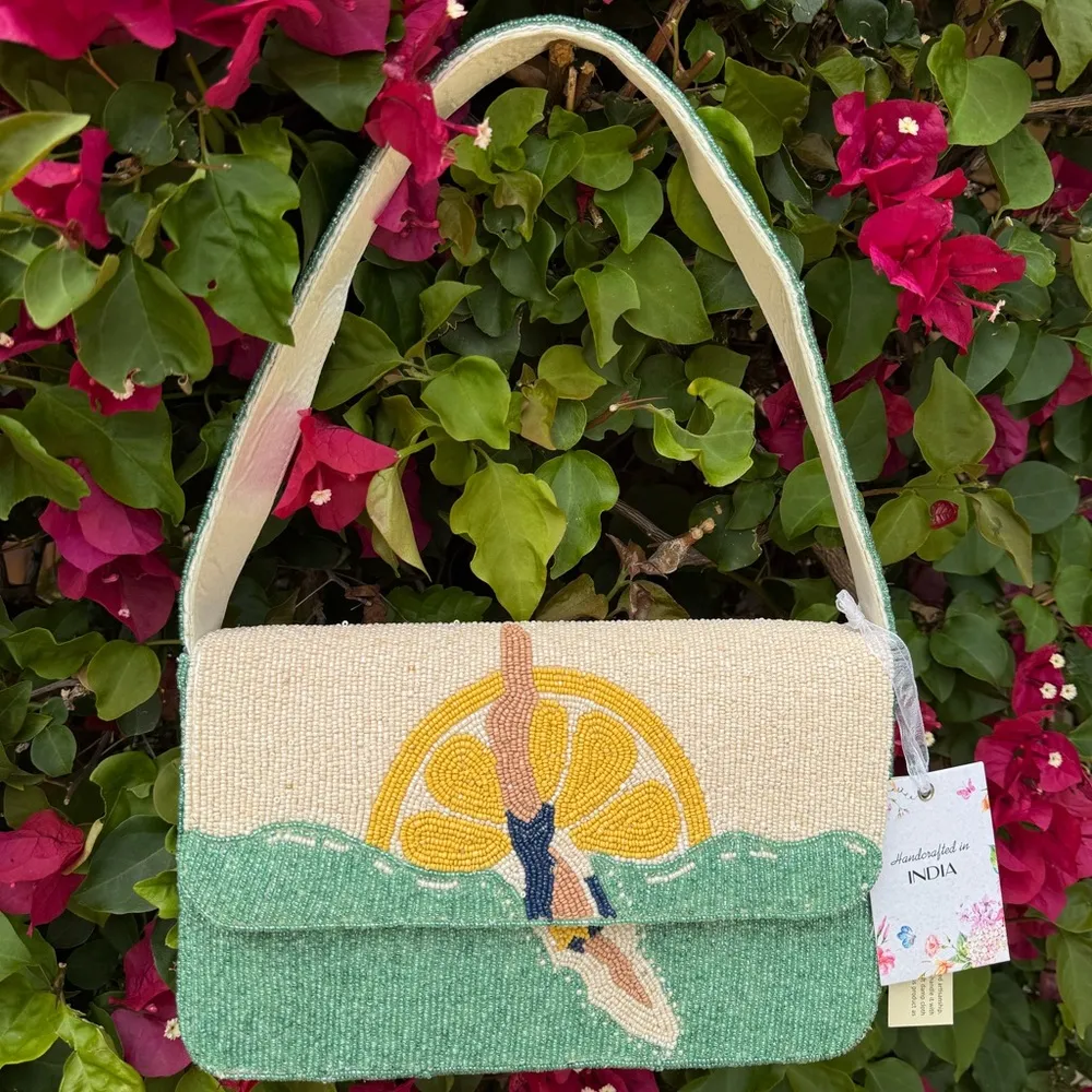 NWT Diver Swimmer Lemon Sun Design Beaded Shoulder Bag Staud Tommy Handcrafted Green - Image 2