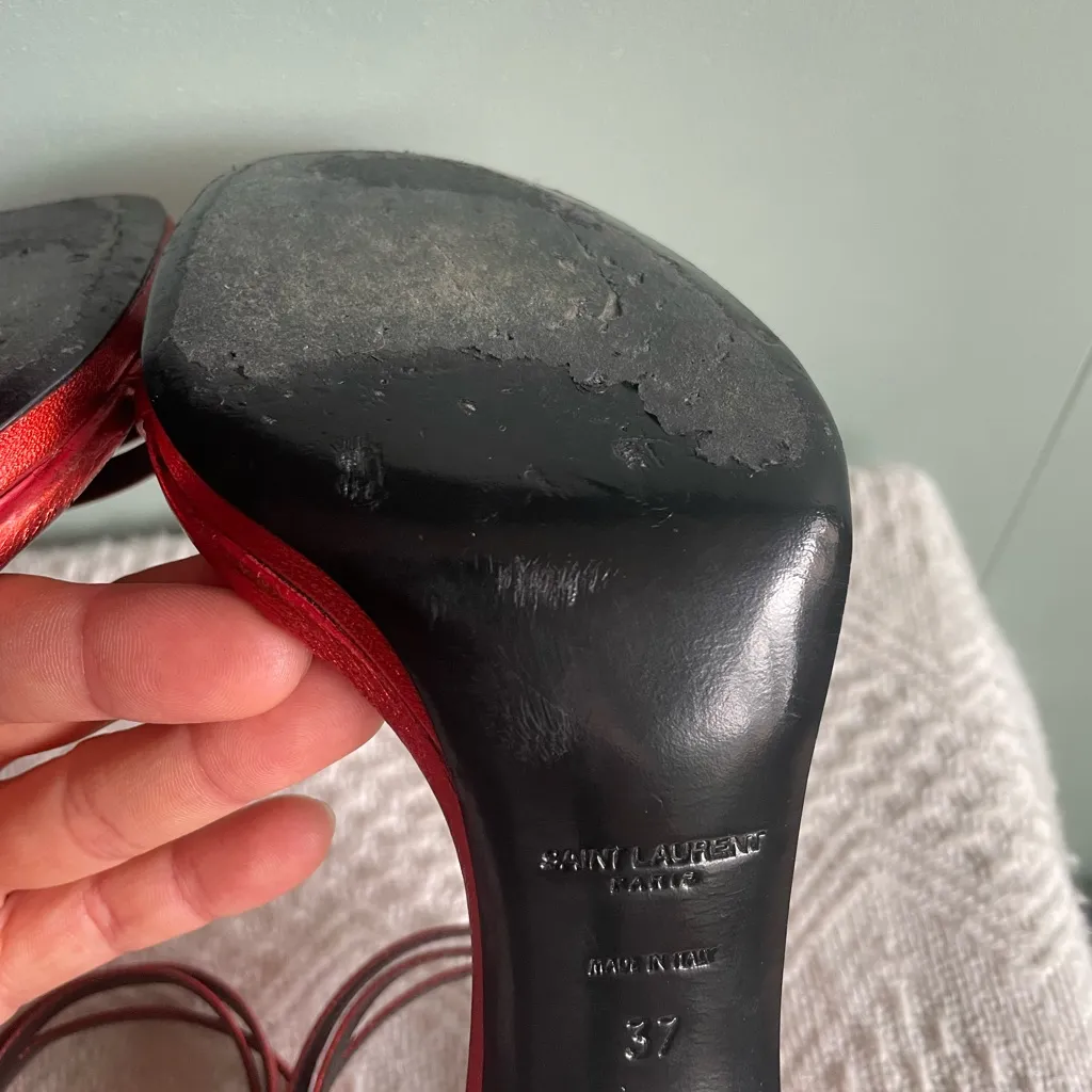Saint Laurent / YSL Strappy Heeled Sandals, Metallic Rouge Orient, Size 37 - Image 9