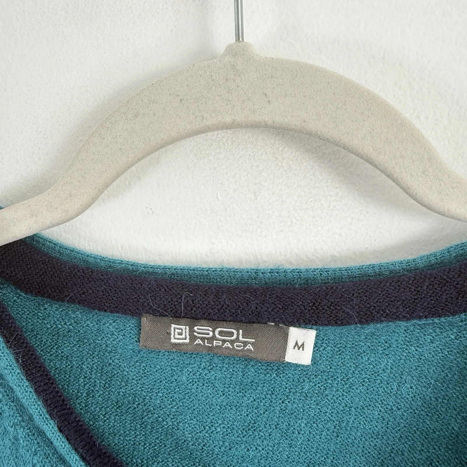 SOL 100% Baby Alpaca Sweater Teal Green Knit Pullover Peru Womens Medium Blue - Image 3