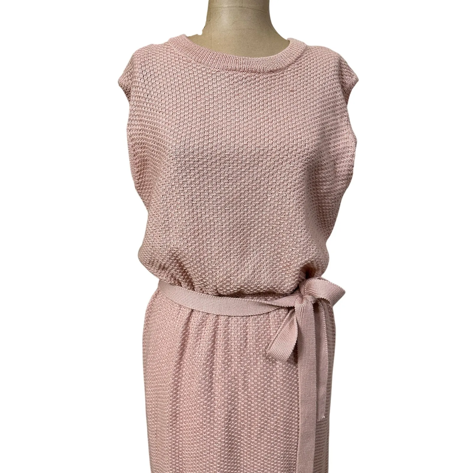 Callahan Midi Sweater Dress Light Pink Open Knit Sleeveless Belted - Image 6