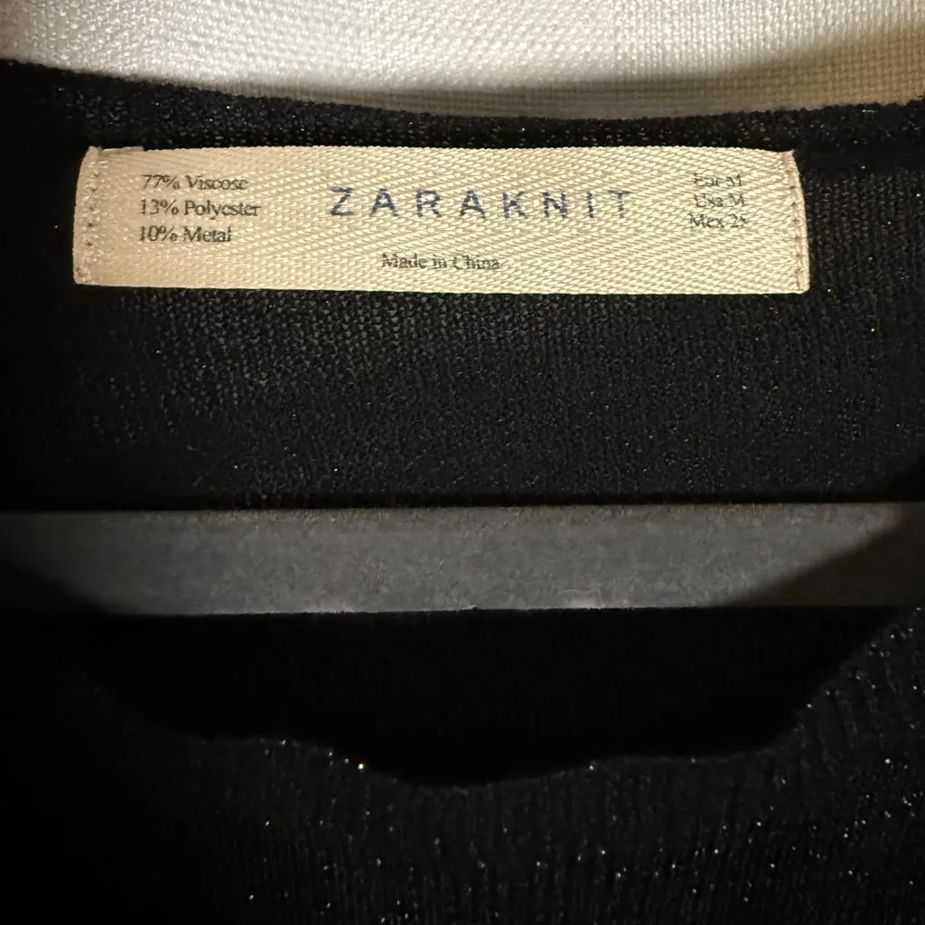 Zara Knit Black Sparkly Silver Tassel Beaded Embellished Long Sleeve Sweater Med - Image 3