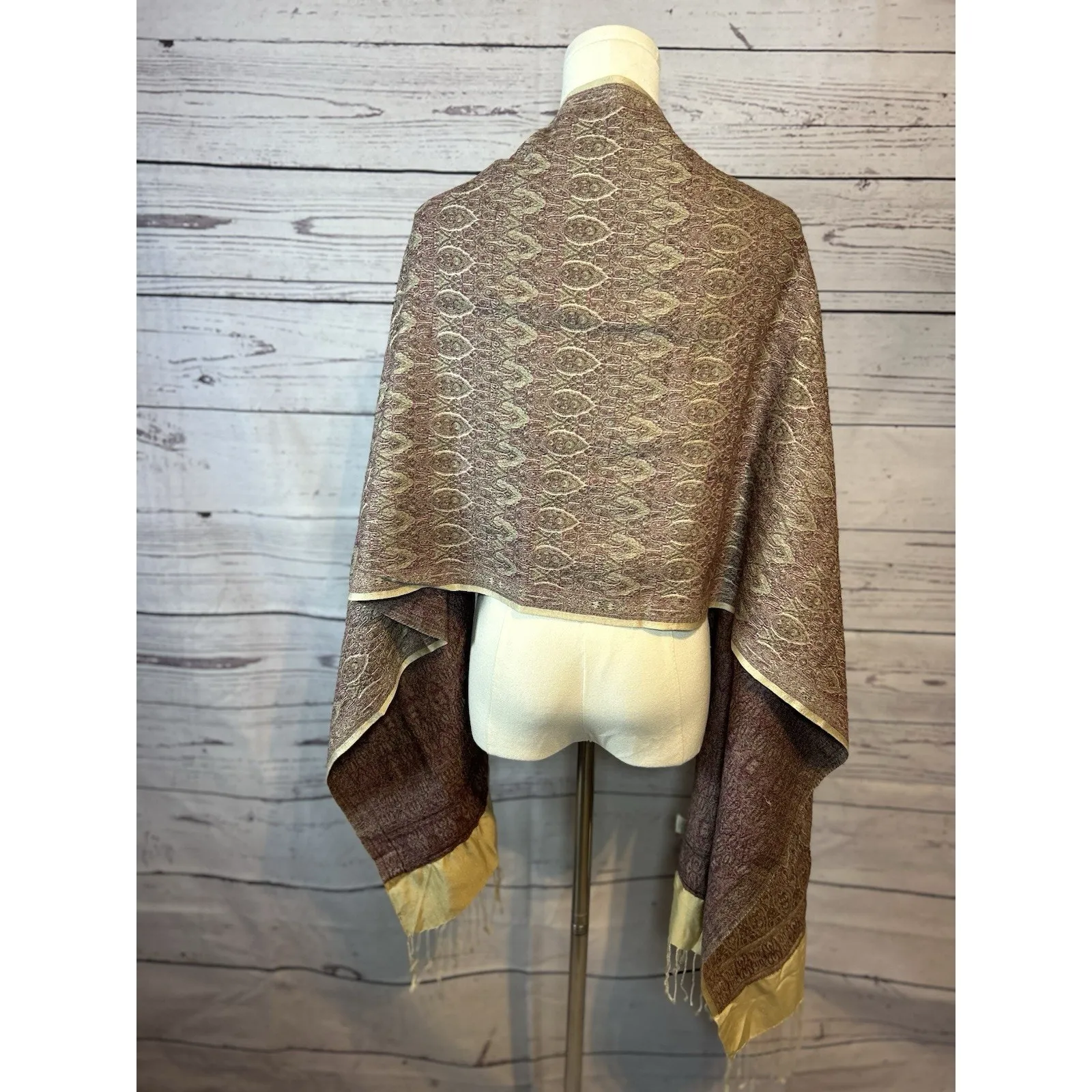 J.Jill Boho Fringe Wool Silk Blend Scarf Made in India Brown Gold 72x19 - Image 4