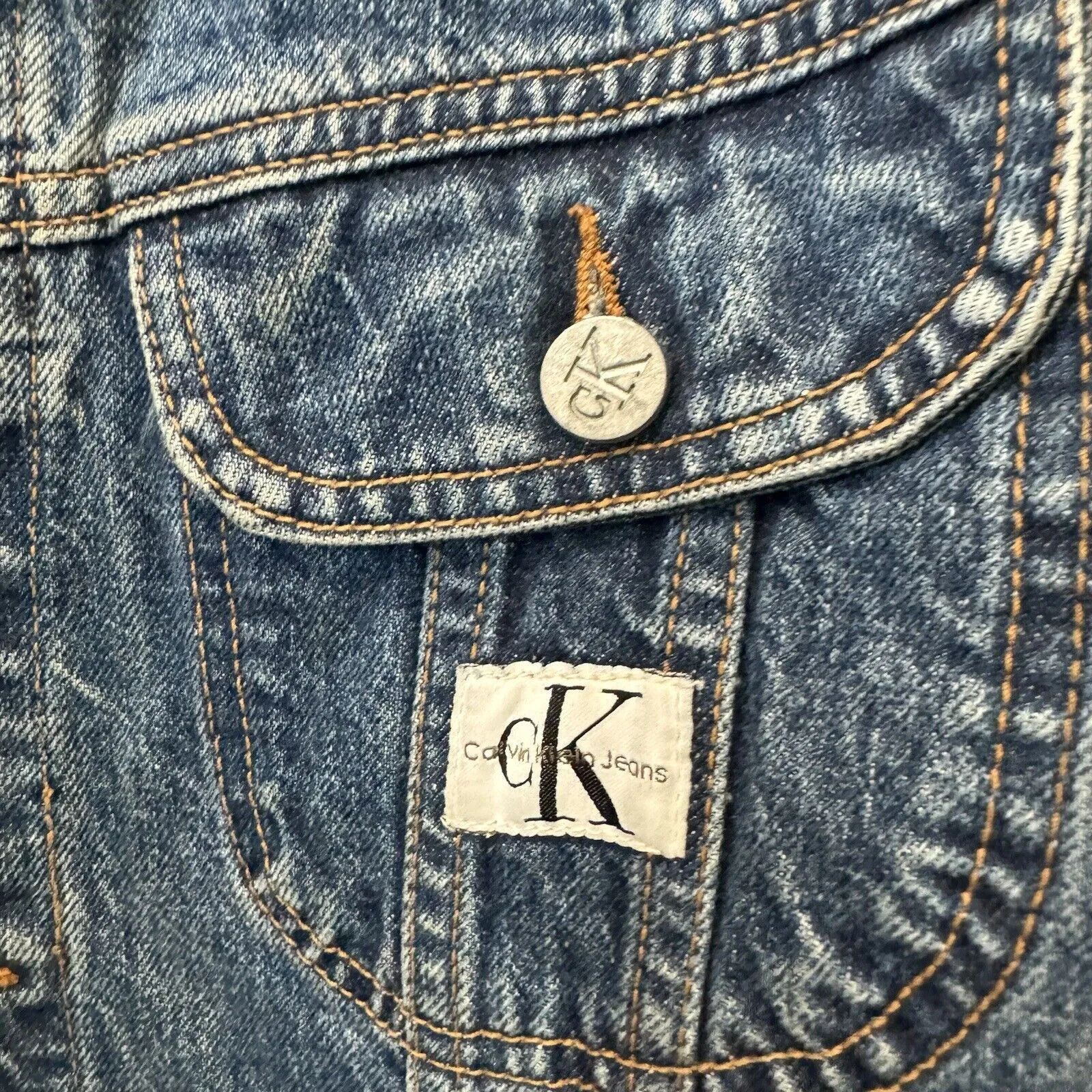 Vintage CALVIN‎ KLEIN Dark Wash Collar Cropped Denim Jean Jacket Size Medium - Image 3