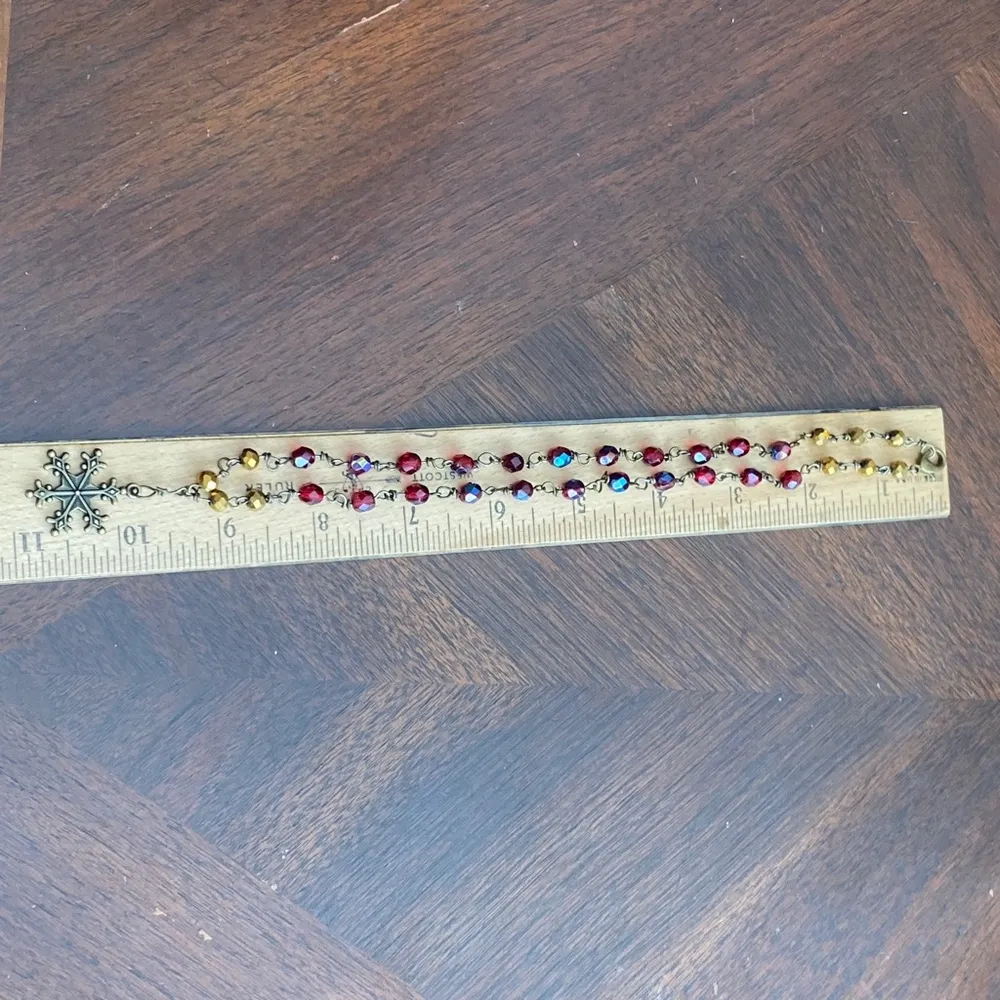 Snowflake Beaded Rosary Style Red, Brass & Golden Wire Wrapped Necklace - Image 6